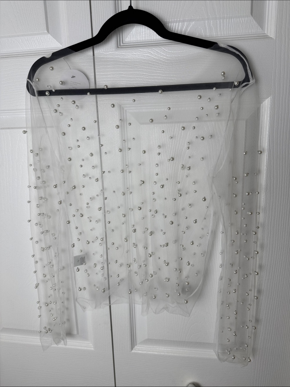 Sheer Pearl-Embellished White Long Sleeve Top